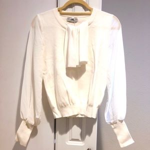 Cute LOEWE style Pearl White Drappy Scarf Sweater Knit Shirt w see thru sleeve L